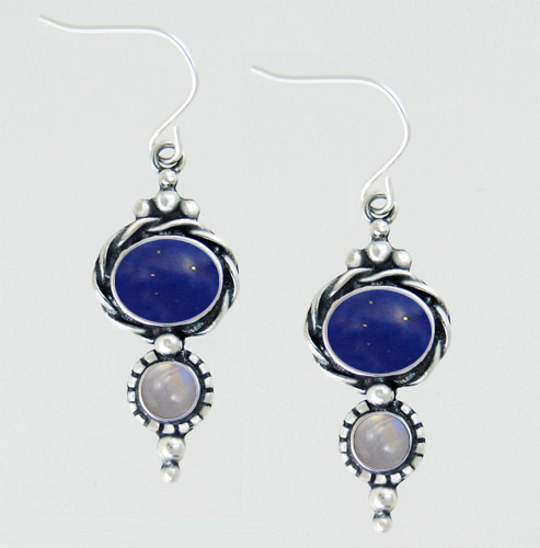 Sterling Silver Drop Dangle Earrings With Lapis Lazuli And Rainbow Moonstone
